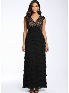 Adrianna Papell Boutique Black Lace V-Neck Tiered Maxi Gown